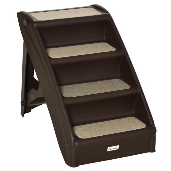 Escada Dobrável para Animais de Estimação de 4 Degraus Portátil com Tapetes Antiderrapantes 62x38x49,5cm Marrom Escuro