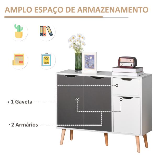 Aparador Móvel Auxiliar de Armazenamento com 2 Armários de Porta Gaveta Pés de Madeira 90x30x72 cm Cinza e Branco