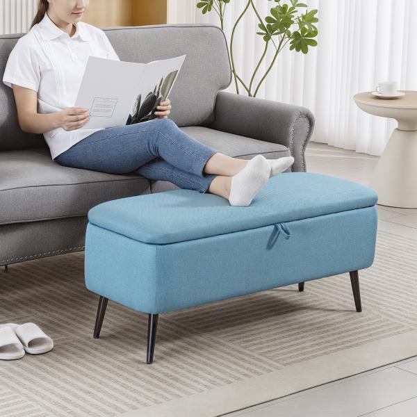 Banco de Armazenamento Estofado em Linho com Tampa Abatível e Pés de Aço Carga Máxima 150kg 101x38,5x44,5 cm Azul Claro