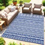 Tapete de Exterior 182x274 cm Tapete Reversível Estilo Moderno para Varanda Pátio Campismo Praia Azul Escuro e Branco