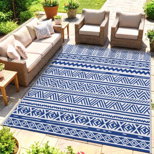 Tapete de Exterior 182x274 cm Tapete Reversível Estilo Moderno para Varanda Pátio Campismo Praia Azul Escuro e Branco