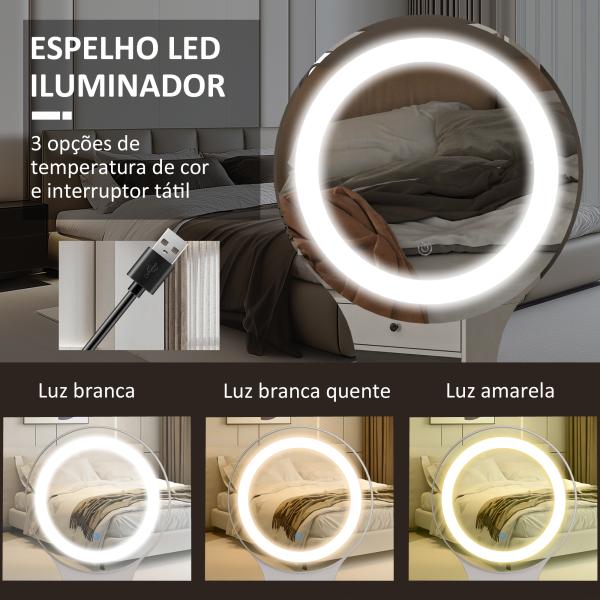 Toucador com Espelho e Luzes LED Ajustáveis 5 Gavetas 4 Compartimentos e 1 Prateleira 100x44x137 cm Branco e Madeira