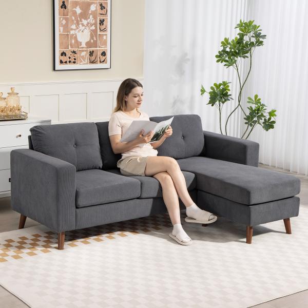 Sofá Chaise Longue Reversível Sofá de Canto em Forma de L de 3 Lugares Estofado em Veludo Cotelê 192x137x84 cm Cinzento Escuro