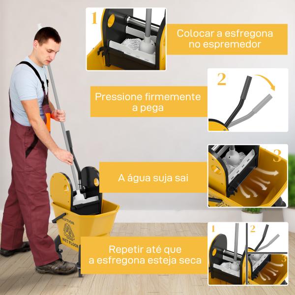 Balde de Esfregona com Rodas Espremedor Desmontável de Pressão para Baixo Capacidade 26 L Inclui Esfregona e Asa 45x31x90 cm Amarelo