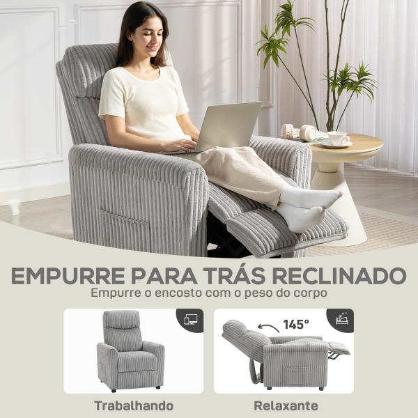 Poltrona Relax Reclinável Manual Estofada em Veludo com Apoio para Pés 73x86x100 cm Cinzento
