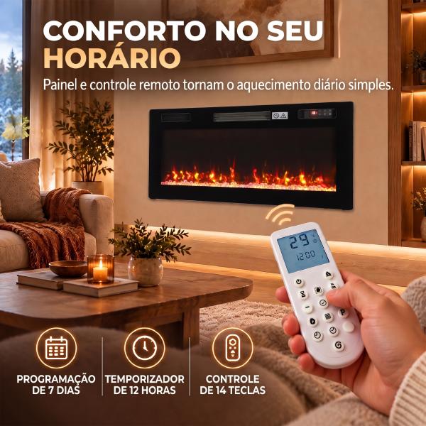 Lareira Elétrica Ultrafina 900/1800W Encastrável/De Parede/De Pé, 12 Cores de Chama 3D, Controlo Remoto, até 35 m², Preta