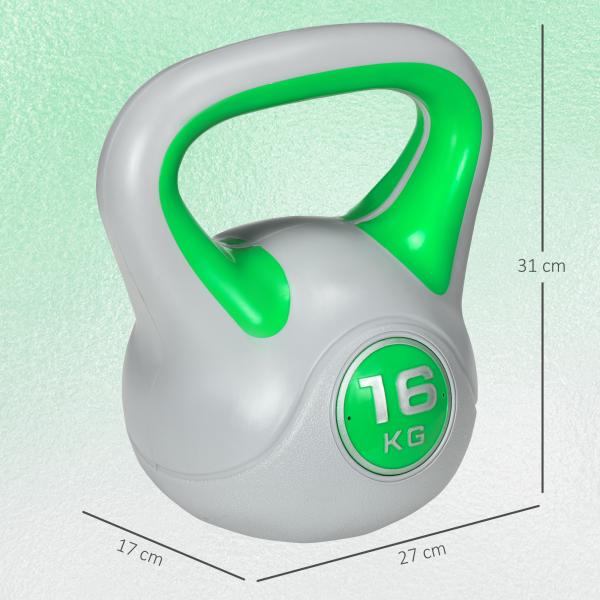 Kettlebell 16 kg Peso Russo com Revestimento de PU e Enchimento de Areia para Treinamento 26x18x32 cm Verde e Cinza