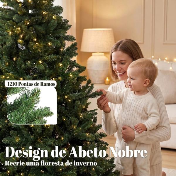 Árvore de Natal 210 cm com 350 Luzes LED, 11 Modos, Controlo Remoto e Base Dobrável em Aço, Verde