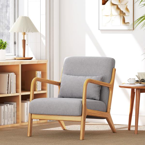 Poltrona Sala de Estar Nórdica Acolchoada com Apoio para os Braços e Estrutura de Madeira de Borracha 61x78x76 cm Cinza