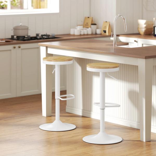 Conjunto de 2 Bancos de Bar Giratórios Bancos Altos de Cozinha com Descanso para Pés 38,5x38,5x60 - 80 cm Madeira e Branco