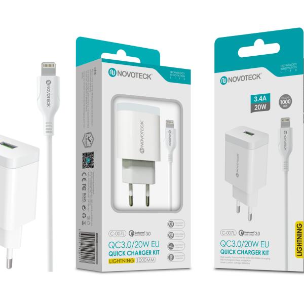 Carregador com Cabo Lightning QC 3.0 20W 3.4A 1 USB NOVOTECK C - 007L
