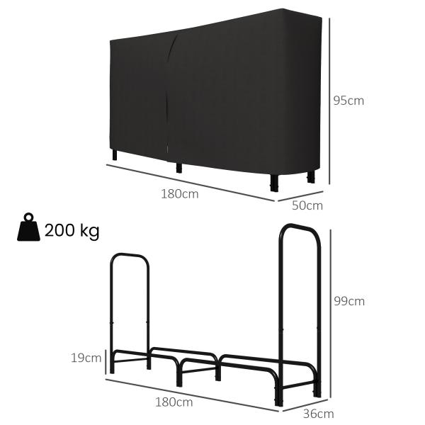 Suporte para Lenha em Metal com Capa Oxford 600D, Ajustável, Carga 200 kg, Interior/Exterior, 180x36x99 cm, Preto