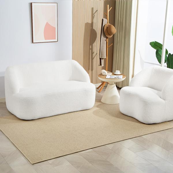 Sofá de 2 Lugares Estofado em Borreguito Sofá de Sala de Estar com Desenho Curvo e Acolchoamento Grosso142x85x73,5 cm Creme