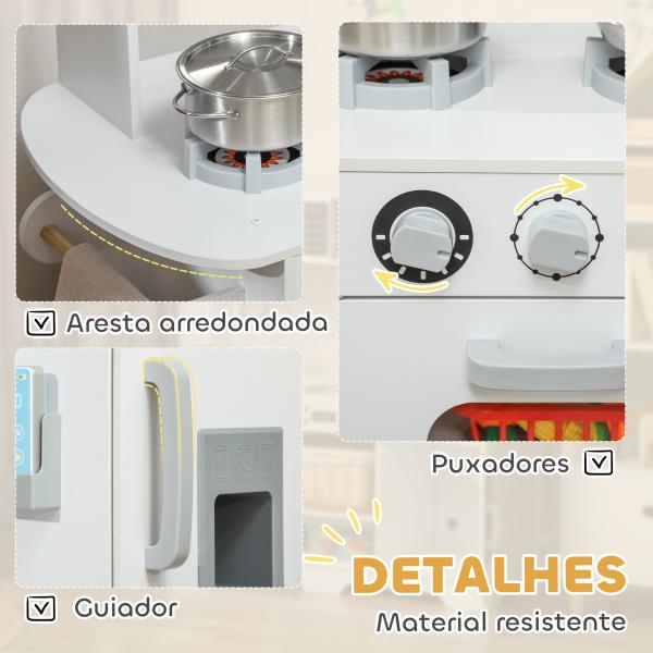 Cozinha de Madeira para Crianças com Fogão Lavatório Micro - Ondas Relógio Máquina de Gelo e Acessórios 100,5x41x110 cm Brancp