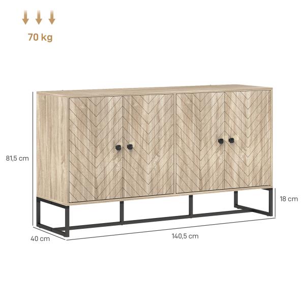 Aparador de Sala com 4 Portas com Design Chevron Prateleiras Ajustáveis Pés de Aço 140,5x40x81,5 cm Carvalho