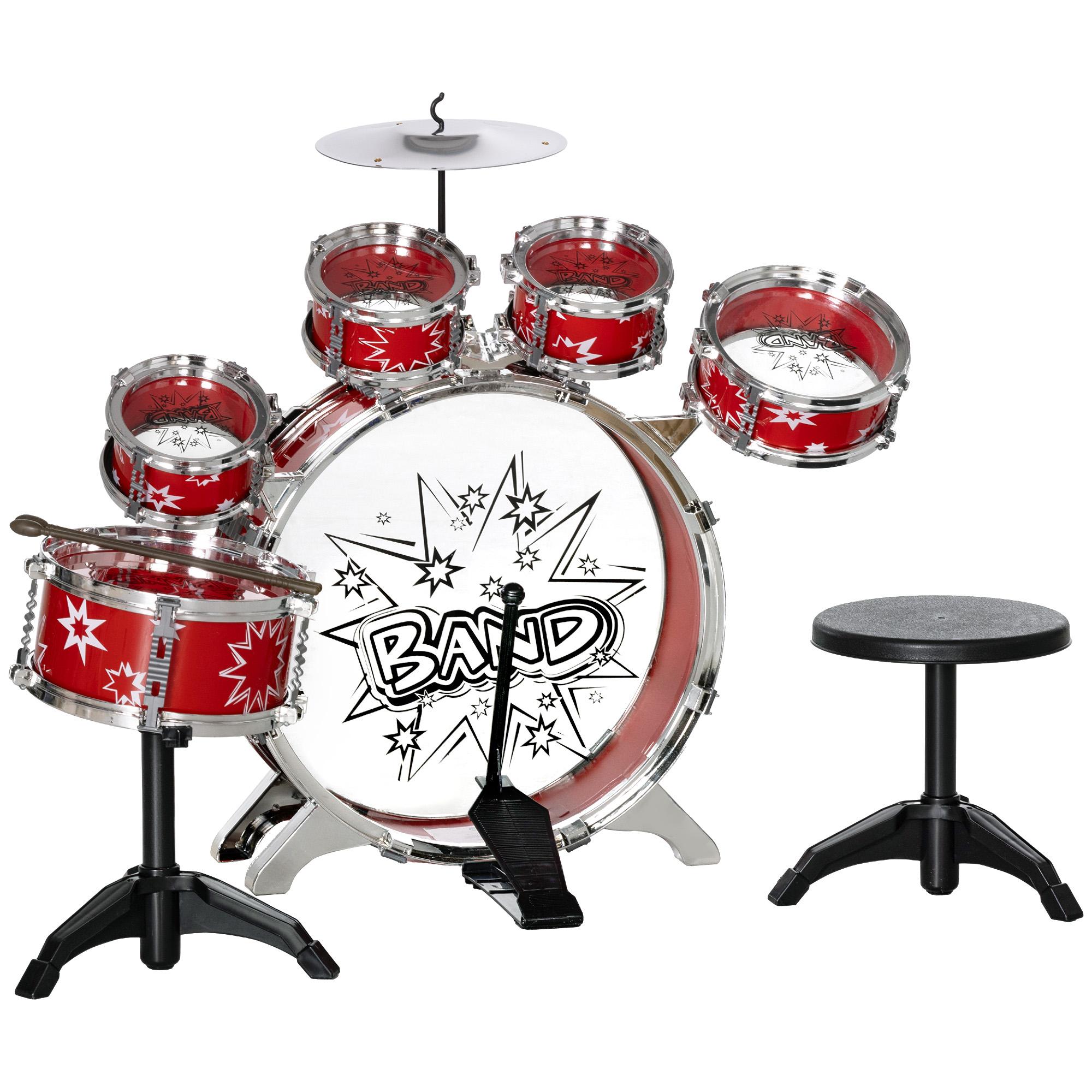 Bateria Infantil com Banco Bateria para Crianças acima de 3 Anos com Pedal e Baqueta Desenho de Estrelas 65x22x57 cm Vermelho