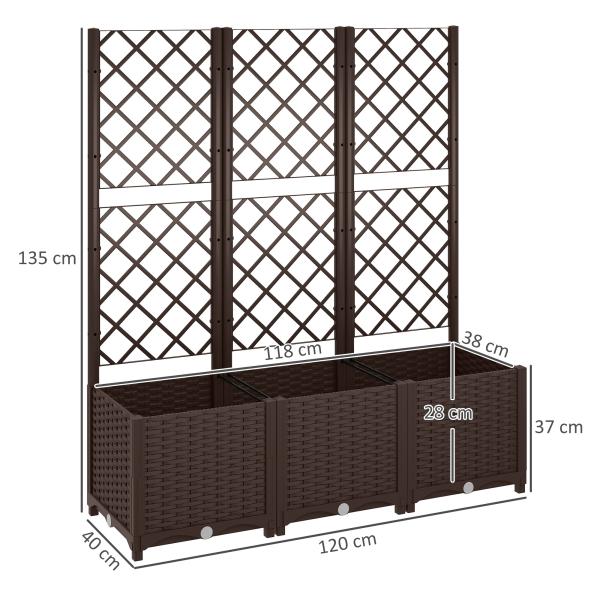 Floreira com Treliça de PP com Drenagem e Amplo Espaço para Plantas Trepadoras Vaso com Suporte para Jardim 120x40x135 cm Marrom