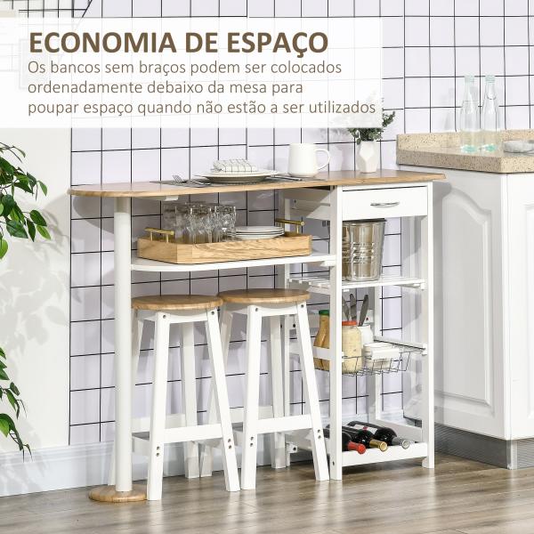 Conjunto de Mesa com 1 Gaveta 2 Prateleiras Cesta Removível e Suporte para Garrafas 119x38,5x88,5cm e 2 Bancos 29x29x55cm Branco