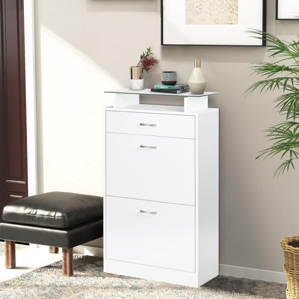 Móvel Sapateira de 2 Portas Sapateira Estreito para 12 Pares de Sapatos com Gaveta Prateleira Aberta e Bancada de Vidro para Corredor Entrada Carga Máx. 50kg 60x24x105,5cm Branco