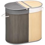 Cesto de Roupa de Bambu Capacidade de 100L com Tampa Rebatível e 2 Compartimentos 62,5x37x60,5cm Cinza e Madeira