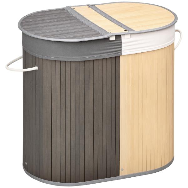 Cesto de Roupa de Bambu Capacidade de 100L com Tampa Rebatível e 2 Compartimentos 62,5x37x60,5cm Cinza e Madeira