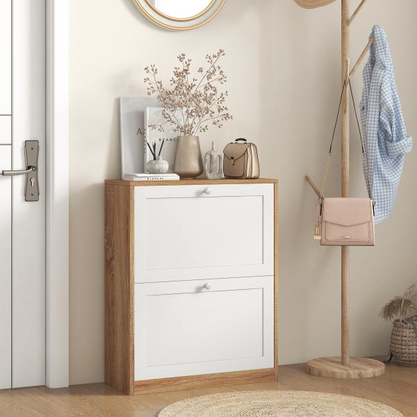 Sapateira Estreita com 2 Portas Prateleiras Ajustáveis para 12 Pares de Sapatos 60x24,5x75,5 cm Mdeira e Branco