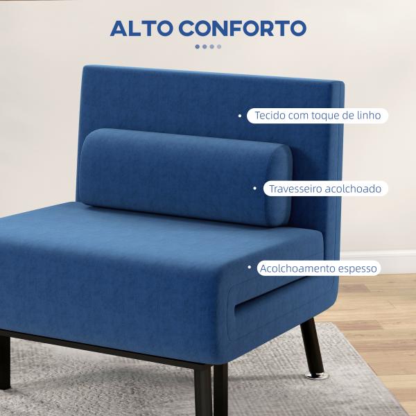 Sofá Cama Individual Dobrável com Encosto Ajustável em 5 Níveis Almofada e Estofado em Linho Sintético 75x70x75 cm Azul