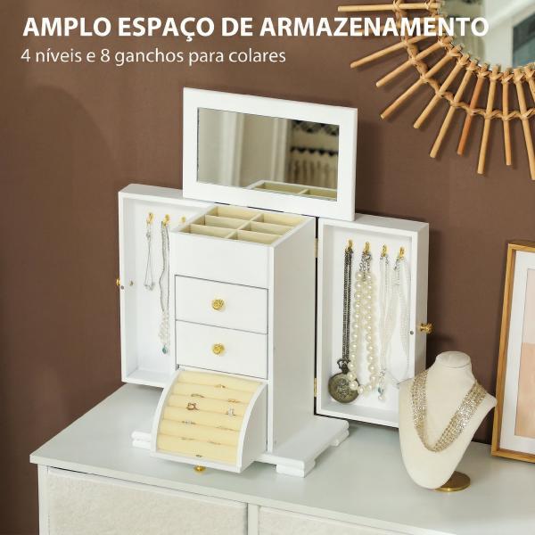 Organizador de Joias de 4 Níveis com 2 Gavetas, Espelho e Portas Laterais com Ganchos para Brincos, Anéis e Colares, Branco