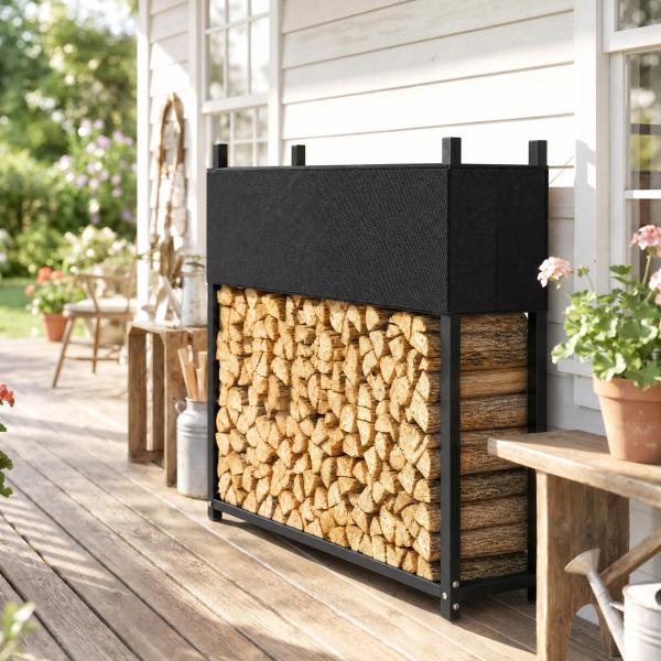 Suporte para Lenha com Cobertura Oxford 600D, Aço Galvanizado, 250 kg, Interior e Exterior, Preto
