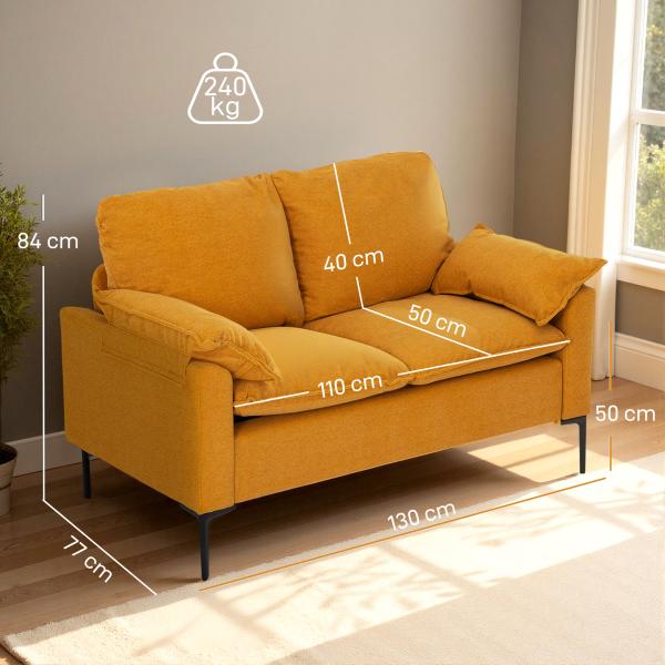 Sofá de 2 Lugares Revestido em Veludo Sofá Moderno com Pés de Metal Apoios de Braços Acolchoados 130x77x84 cm Amarelo Mostarda