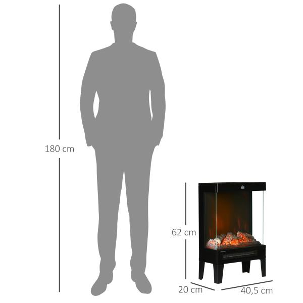 Lareira Elétrica 1000W/2000W com Chama LED Realista Termostato e Proteção Contra Superaquecimento 40,5x20x62cm Preto