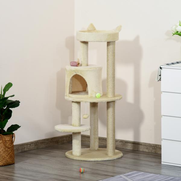 Árvore Arranhador para Gatos com Plataforma Caverna Postes de Sisal e Bola Suspensa 48x48x104 cm Bege