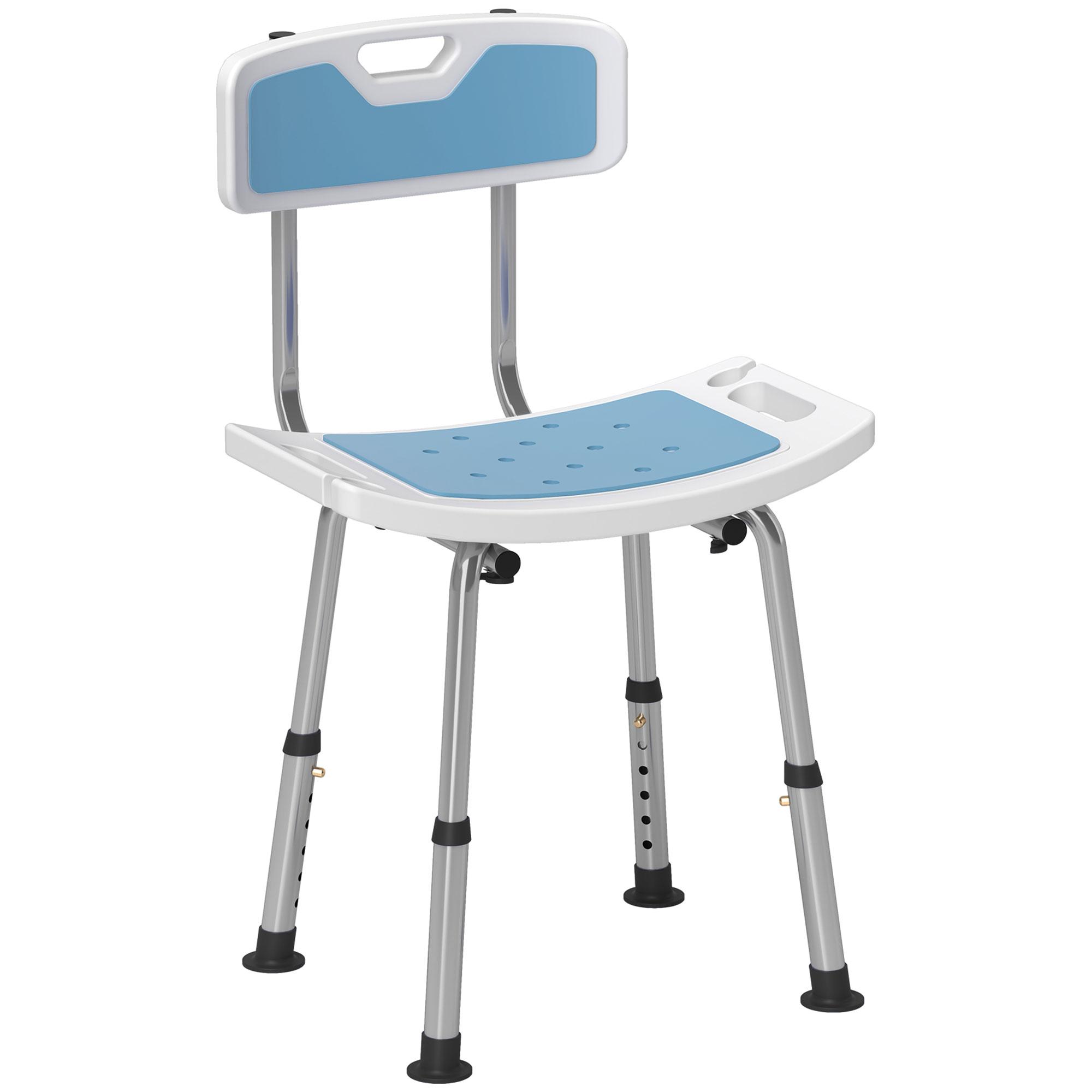 Cadeira de Duche para Idosos com Encosto e Altura Ajustável em 6 Níveis, Carga Máxima de 136 kg Azul Claro e Branco