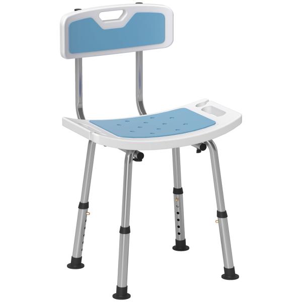 Cadeira de Duche para Idosos com Encosto e Altura Ajustável em 6 Níveis, Carga Máxima de 136 kg Azul Claro e Branco