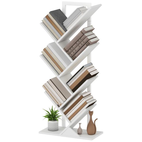 Estante em Forma de Árvore de 7 Níveis Estante de Livros com 7 Prateleiras e Estrutura de Aço 50x24x109 cm Branco