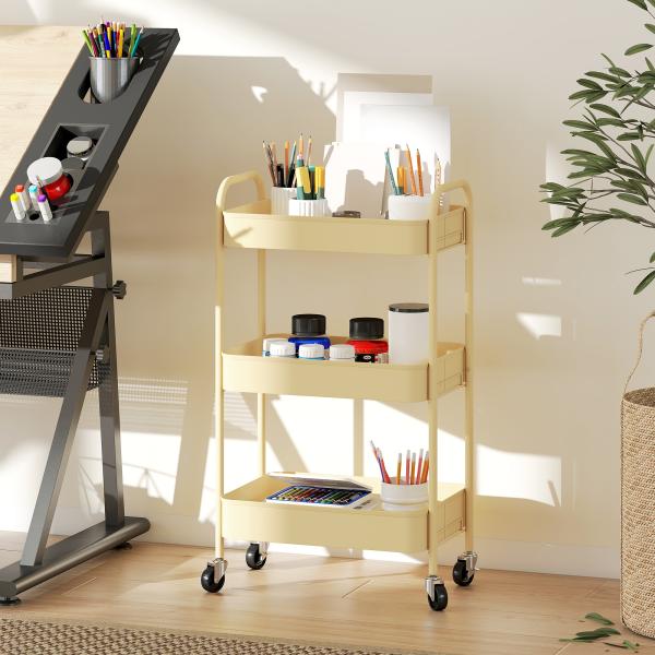 Carrinho Auxiliar com Rodas de 3 Níveis Carrinho de Cozinha com 3 Cestos e 2 Pegas 45x30,6x79 cm Amarelo