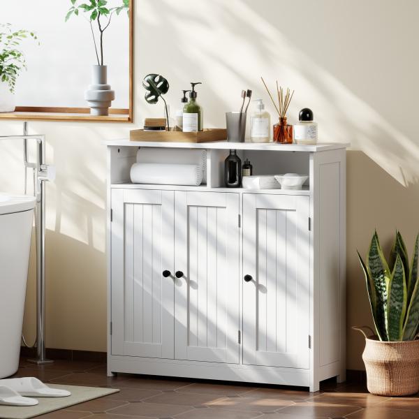 Armário de Casa de Banho Estreito com 3 Portas 2 Compartimentos Abertos Prateleira Ajustável 85x30x85 cm Branco