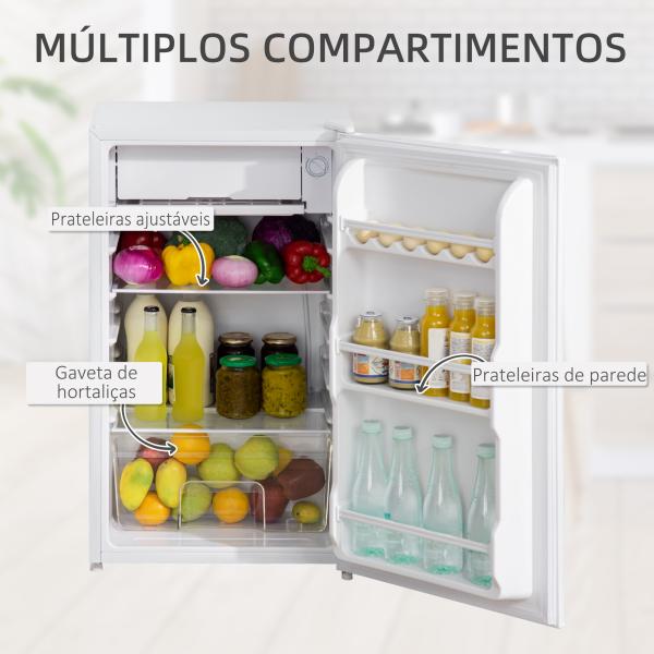 Mini Frigorífico 91 L com Congelador, Frigorífico Silencioso, Frigorífico Pequeno para Colocar Sob Bancada com Temperatura Regulável e Porta Reversível, Prateleiras Ajustáveis, Branco