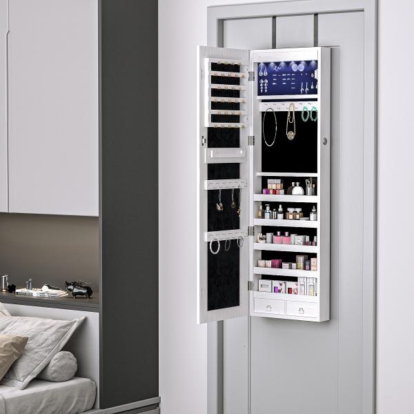 Espelho com Móvel de Bijuterias de Parede ou Porta Espelho de Parede com LED 5 Prateleiras 2 Gavetas pequenas e Fechadura 37x120x10cm Cinza Claro