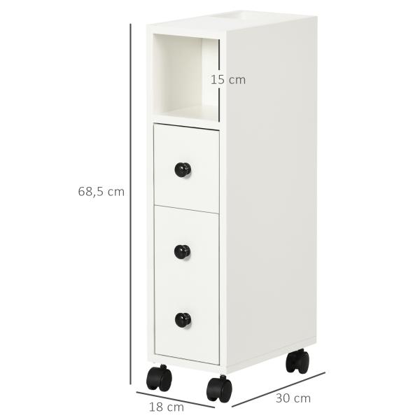 Armário de Casa de Banho Móvel Auxiliar para Espaço Reduzido com Rodas Prateleiras Abertas Armário e Gaveta 18x30x68,5cm Branco