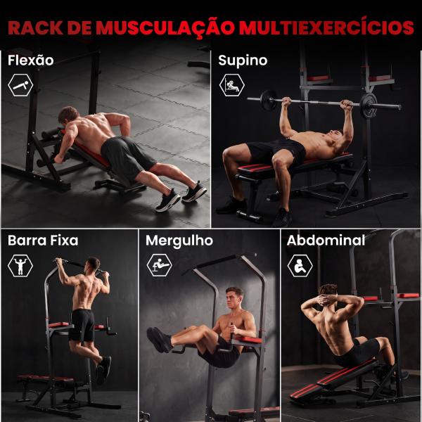 Estação de Musculação Dobrável com Barra de Elevações, Altura Ajustável e Banco Reclinável, Preto e Vermelho