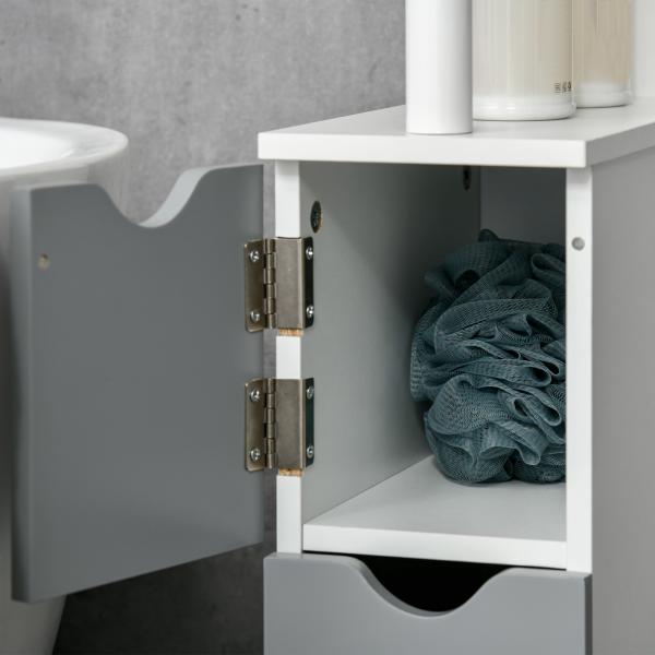 Coluna Casa de Banho com 2 Portas e 2 Prateleiras Abertas Estilo Moderno 15,2x29,8x118cm Branco e Cinza
