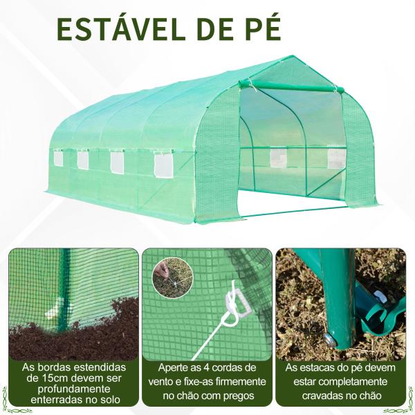 Estufa Tipo Túnel de Jardim 600x300x200cm para Cultivo de Plantas Verduras com 8 Janelas e Porta Enroláveis com Zíper Aço Verde