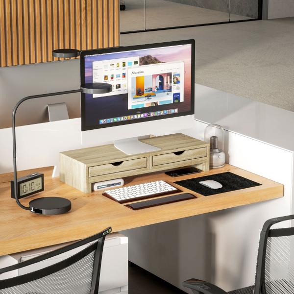 Suporte para Monitor com Ângulo e Comprimento Ajustável e 2 Gavetas para Escritório 60 - 116x22x12 cm Madeira