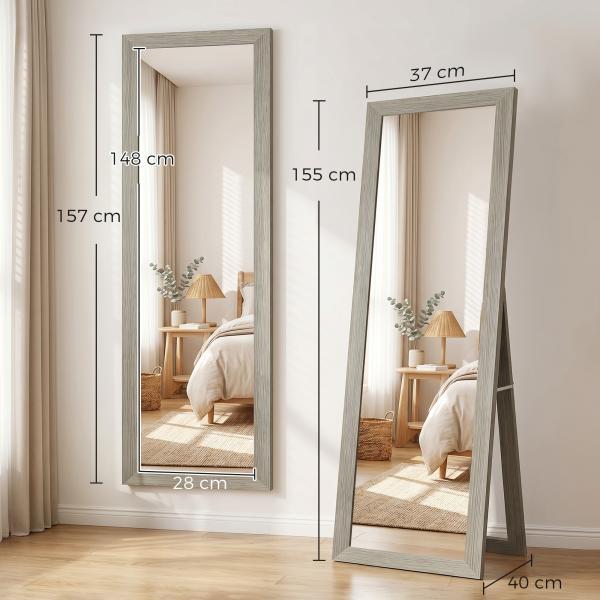 Espelho de Corpo Inteiro 157x37 cm com Moldura de MDF Espelho de Pé ou de Parede Cinzento