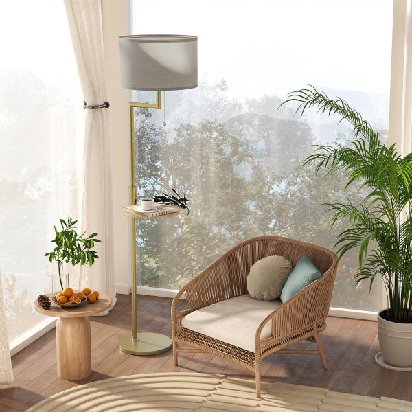 Candeeiro de Pé com Mesa Auxiliar Lâmpada E27 Máx. 40W Ecrã de Linho Interruptor de Corrente e Carregador USB Ø40x170 cm Dourado