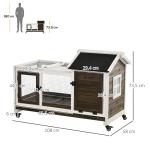 Coelheira de Madeira com Rodas para 1 - 2 Coelhos com Teto Abatível Bandeja Amovível 108x58x73,5cm Marrom Café e Branco