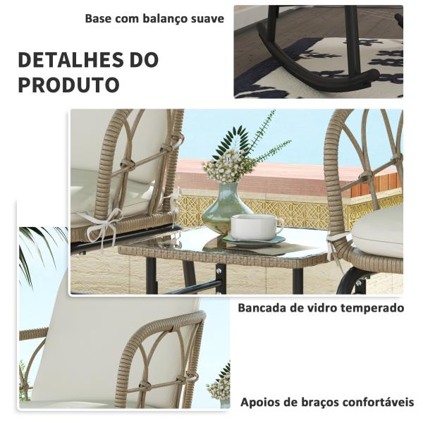 Conjunto de Móveis de Vime de 3 Peças Conjunto de 2 Cadeiras de Baloiço 1 Mesa de Centro e Almofadas Creme e Bege