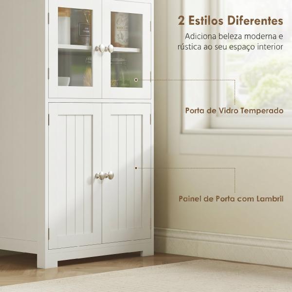 Armário de Cozinha com 2 Portas de Vidro Temperado 2 Prateleiras Abertas e Armário com Prateleira Ajustável 60x30x162 cm Branco