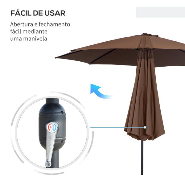Chapéu de Sol de Jardim Ø295x250cm com Manivela Chapéu de Sol Exterior com Mecanismo de Inclinação e Mastro Desmontável de Metal para Terraço Piscina Pátio Café